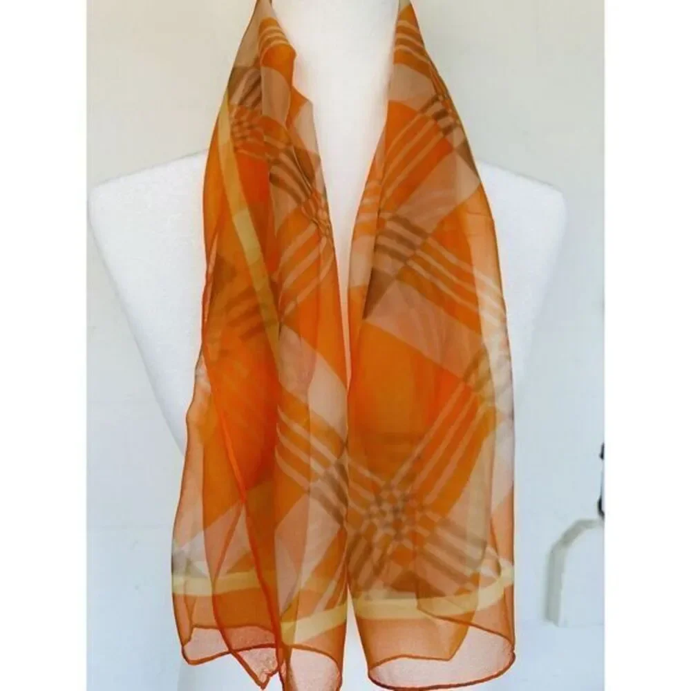 Vintage 60's Scarf Multi Color Checker Print. Orange Gray  Cream.‎ Approx 40x15